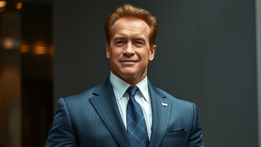 Arnold Schwarzenegger in a suit addressing America's healthcare crisis and national debt.