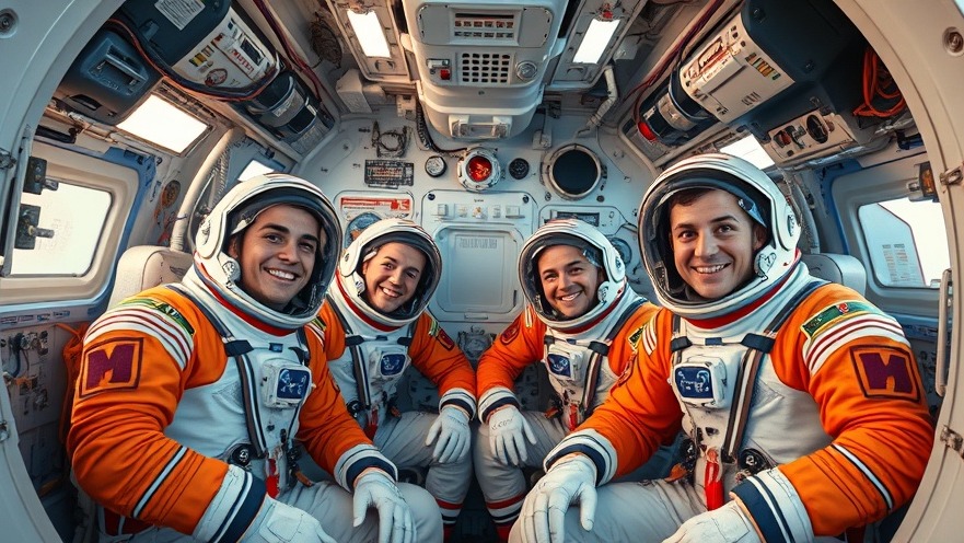 Four astronauts smiling in spacecraft, showcasing lunar exploration and NASA human spaceflight.