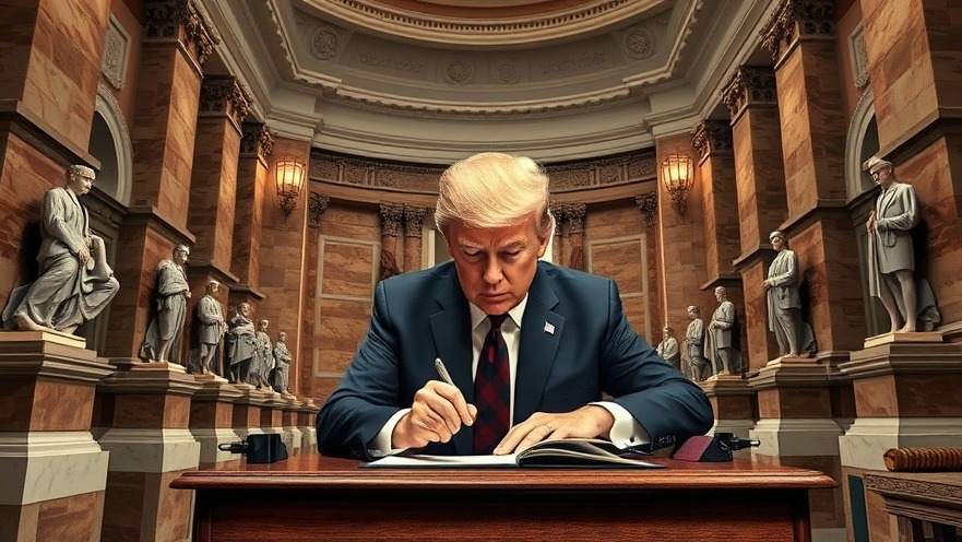 Trump signing a bill on federal budget changes in a grand marble hall.