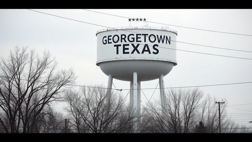 Georgetown water service water tower amidst winter trees under an overcast sky.
