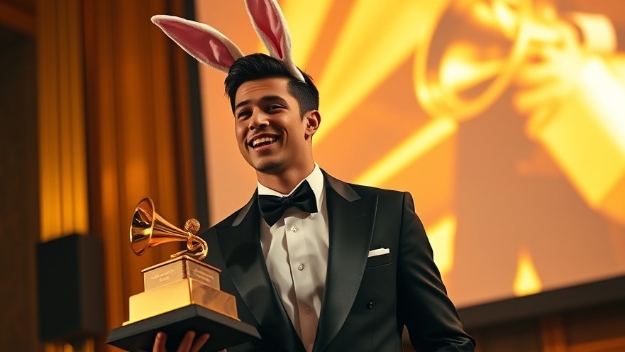Young man in tuxedo with bunny ears, holding Grammy award, symbolizing Bad Bunny immigration speech.