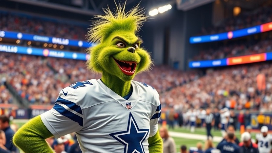 Cheerful Grinch in Dallas Cowboys uniform at NFL rivalry game with vibrant crowd.