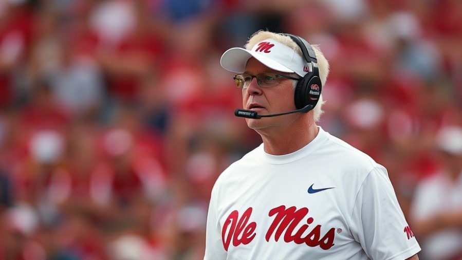 White college coach in 'OLE MISS' shirt reflecting Kiffin coaching style amid college football rumors.