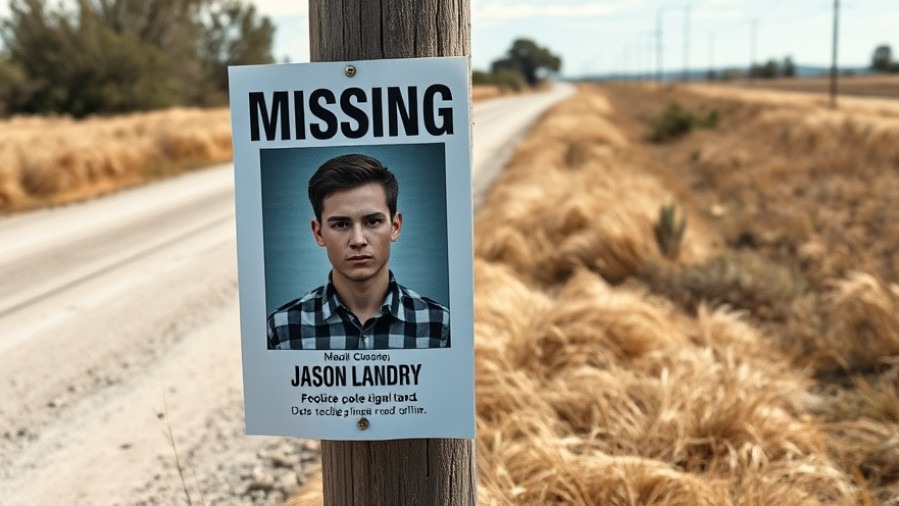 Missing person poster of Jason Landry, Texas case updates by a rural road.