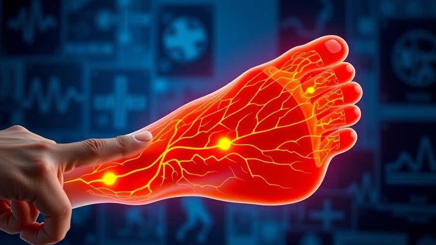 Illustration of a glowing foot nerve pathways, highlighting peripheral neuropathy with vitamin B1 and magnesium effects.