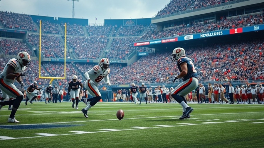 Photorealistic college football scene showcasing special teams players in action during a kick.