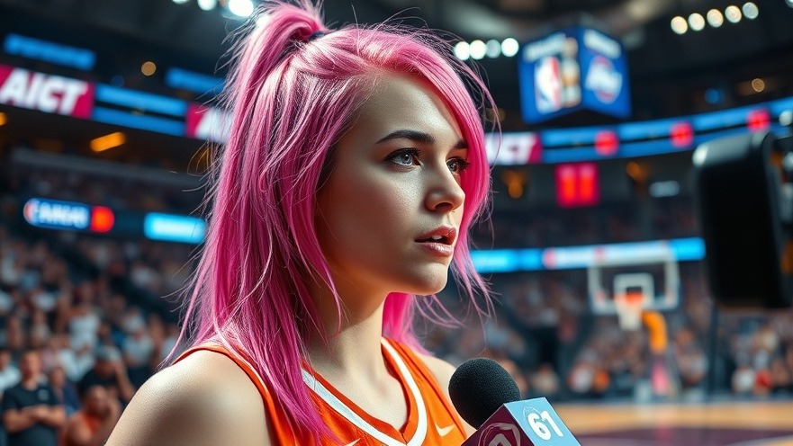 Vibrant pink-haired female basketball player during post-game interview, showcasing sports integrity and women's sports representation.