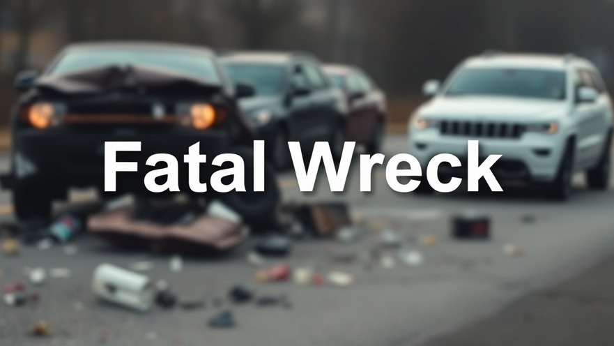 Somber scene of a car accident with 'Fatal Wreck' text, highlighting motorcycle safety in Austin.
