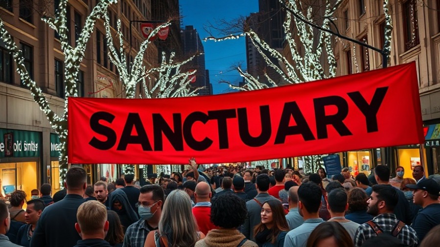 Diverse group protesting for sanctuary under city lights, highlighting federal law enforcement and gun rights.