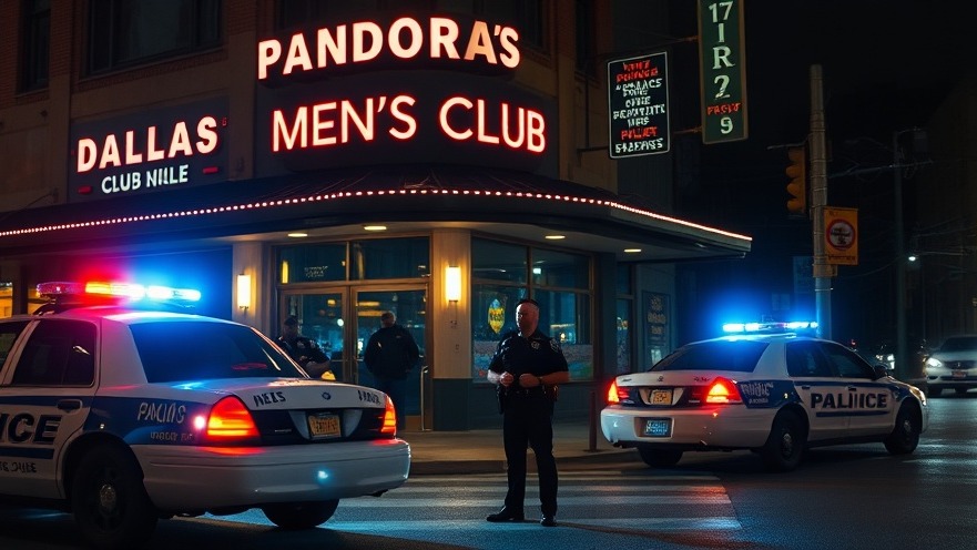 Dallas prostitution arrest scene with police at Pandora's Men's Club in neon-lit night.