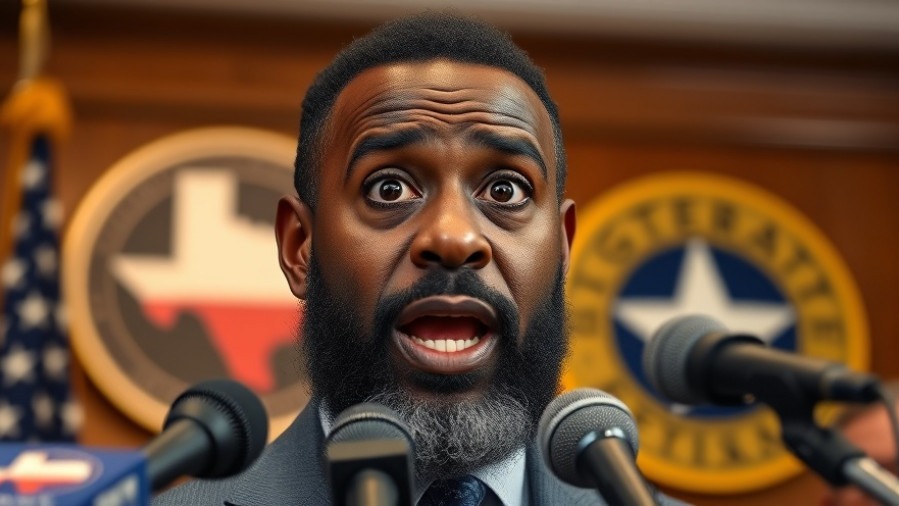 Wild-eyed black man addressing press on Texas politics news with state emblem in background.