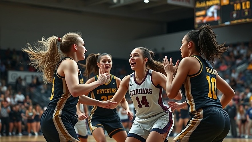 Dynamic women's basketball players showcasing intense competition and sports community connection.