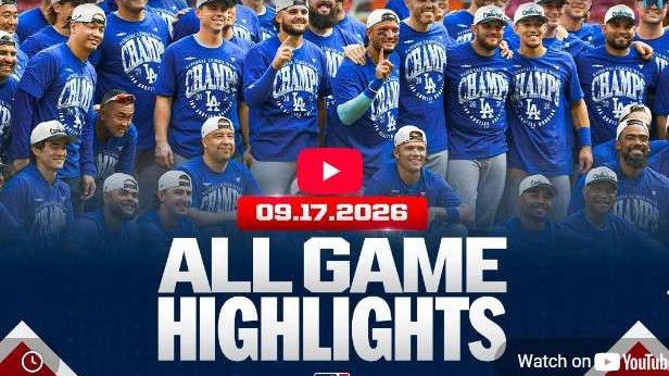 September 17 MLB Highlights team celebration in blue shirts.