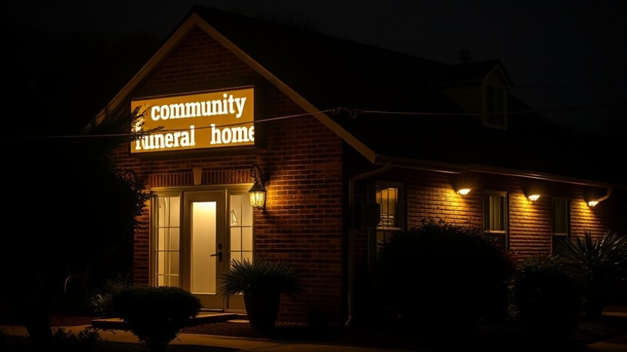 Nighttime view of a community funeral home highlighting consumer rights in funeral services.
