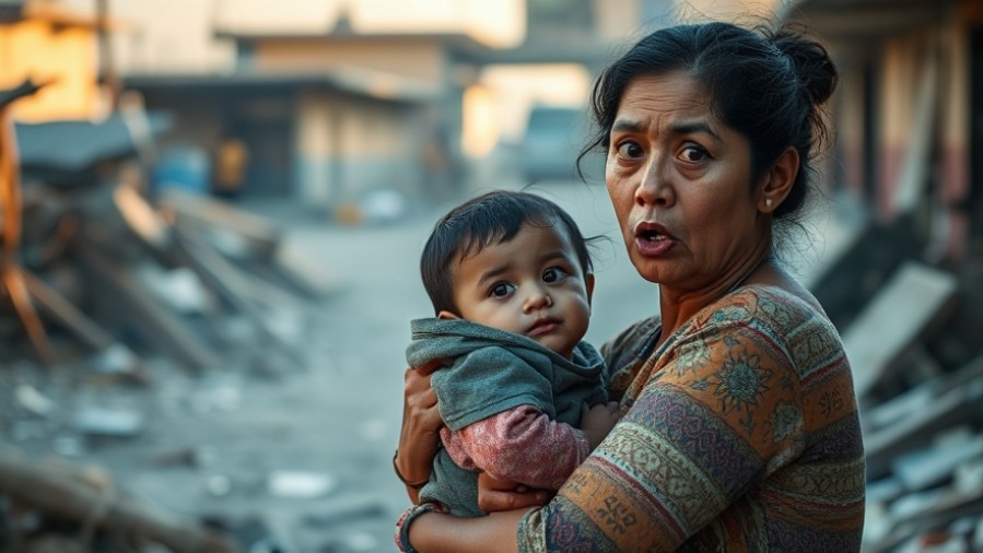 Alarmed woman with child in Guerrero, highlighting community resilience during earthquake alerts.