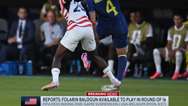 Folarin Balogun availability against Belgium, featured in a vibrant soccer-themed graphic.