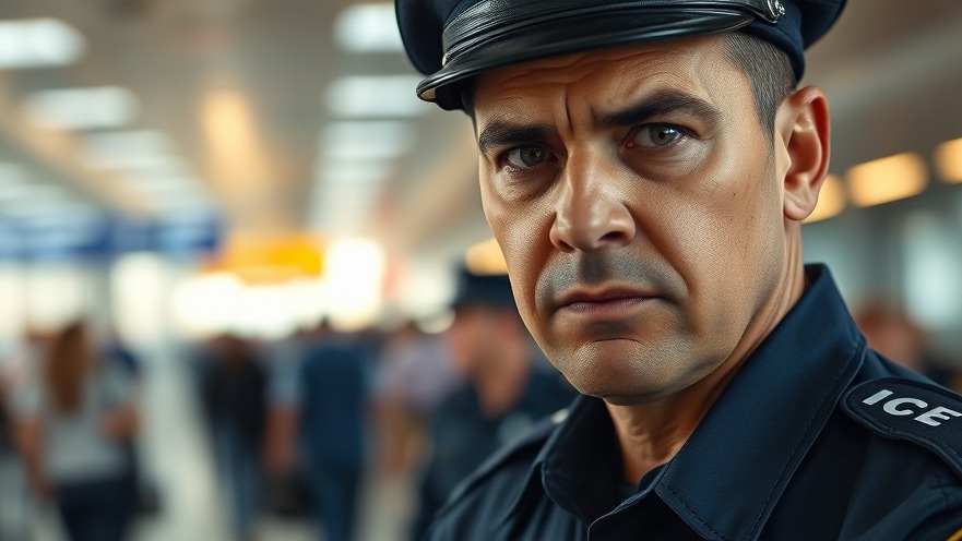 Close-up of a serious ICE agent addressing TSA staffing shortages amid airport security challenges.