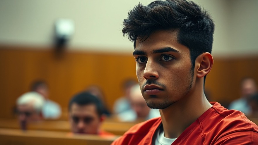 Focused young Hispanic man in red prison jumpsuit at sentencing in San Antonio court.