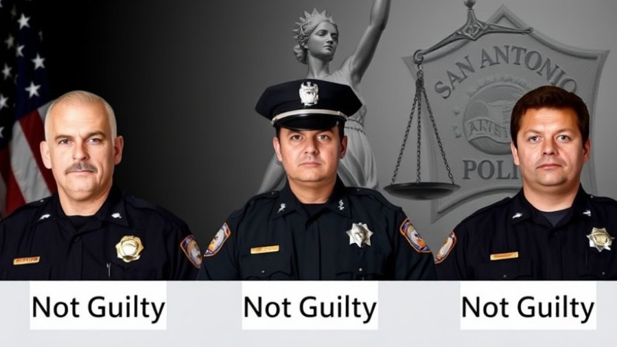 Three police officers marked 'Not Guilty' with Lady Justice, reflecting San Antonio police news.