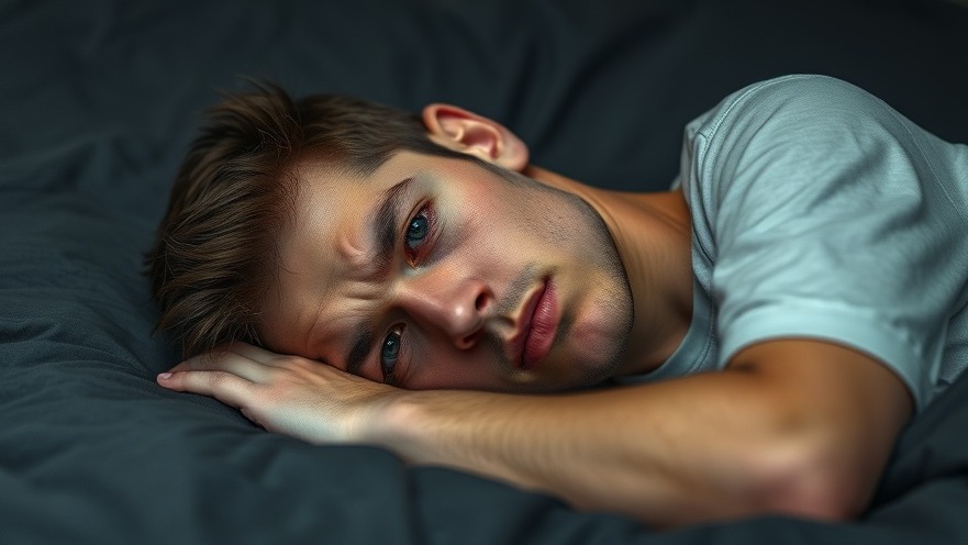 Young man with a tired expression on bed, embodying mental wellness for seniors.