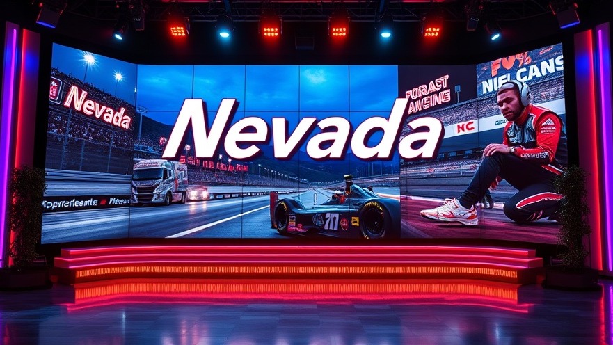 Dynamic sports broadcast screen featuring NASCAR Kyle Busch and Bryce Harper MLB, vibrant neon lighting.