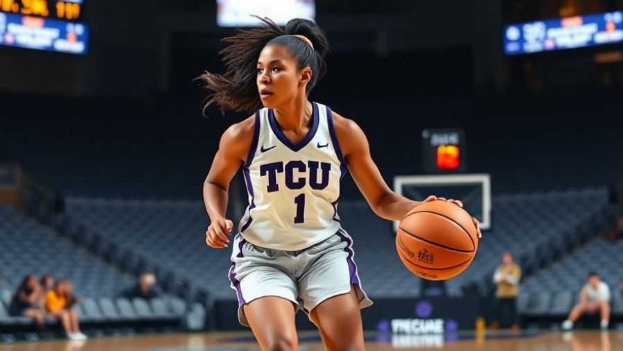 TCU female player dribbling during Big 12 Women's Basketball game, dynamic motion.