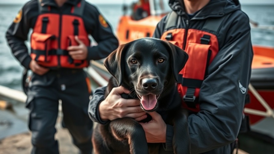 Emotional animal reunion: rescue team and man with his black Labrador after dramatic sea rescue.