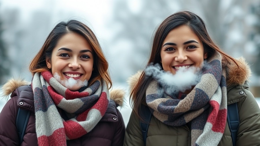 Two smiling Hispanic women in jackets showing winter safety tips and the wind chill impact.