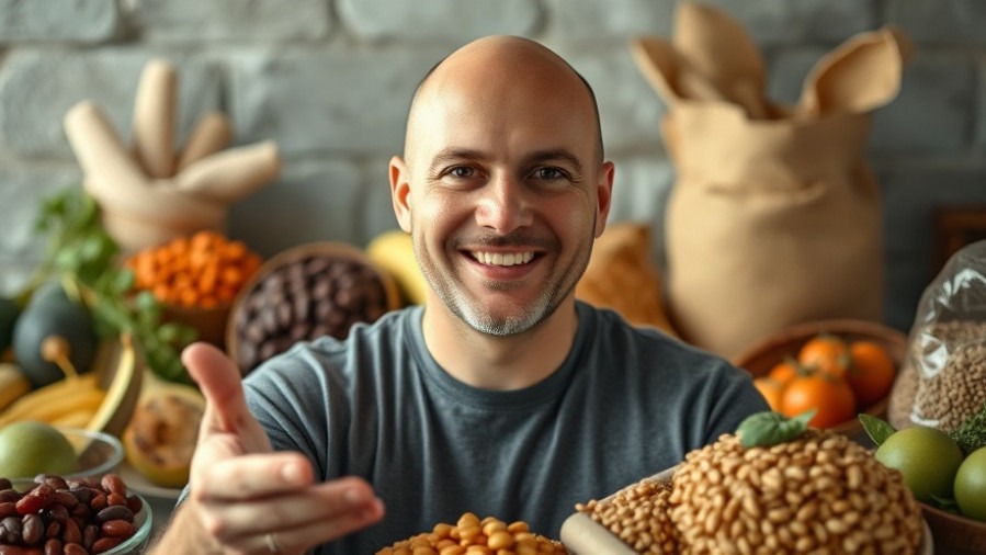 Smiling bald man showcases fiber-rich foods for healthy eating habits and gut health support.