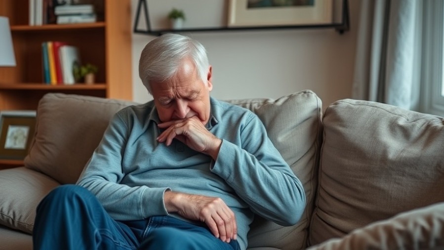 Grieving father on couch reflecting on military losses and community support for public safety.