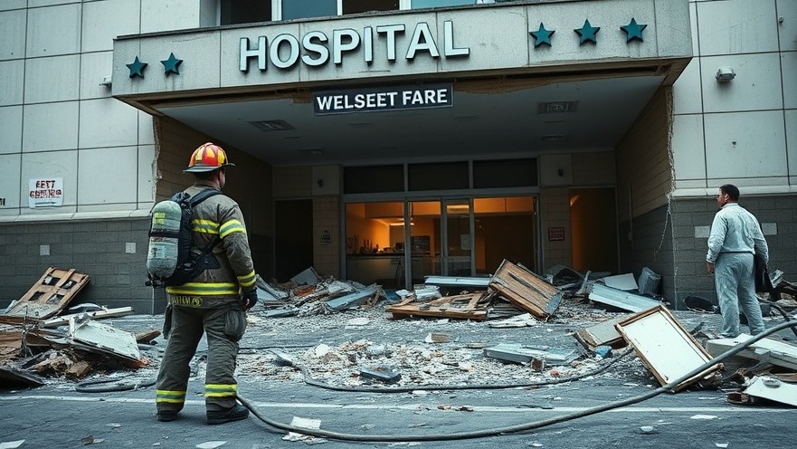 Damaged hospital showing Iran US tensions and Middle East conflict impact, photorealistic detail.