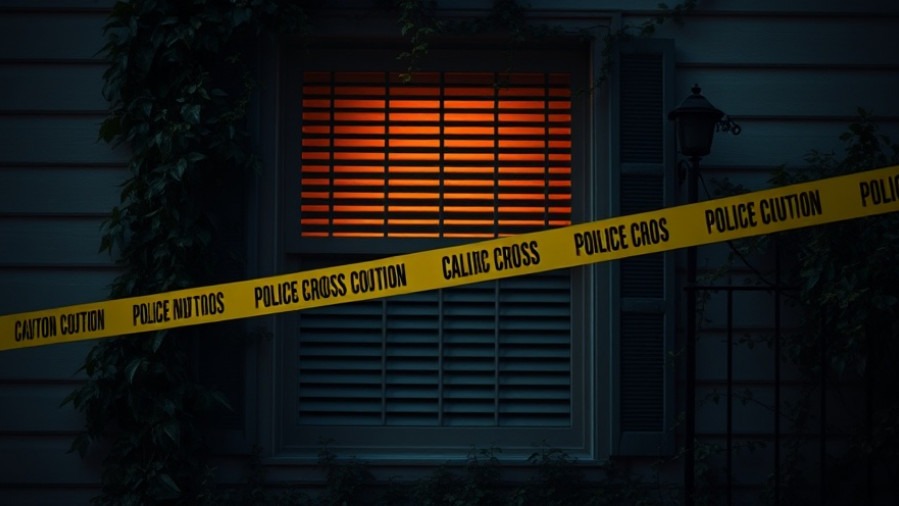 House window with police tape, closed blinds, evening light.