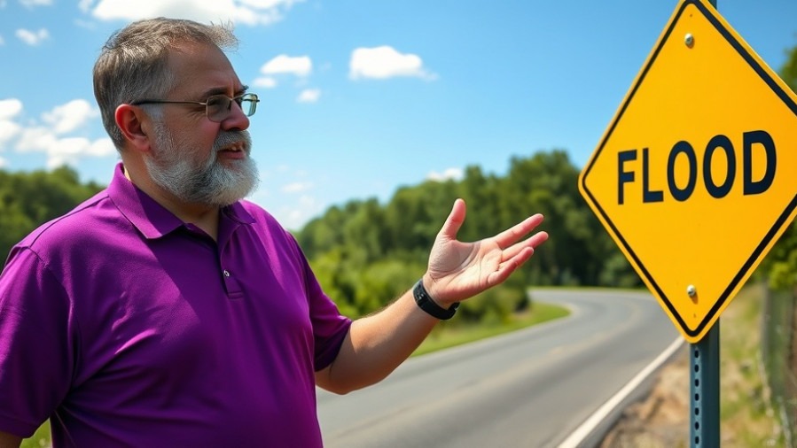 Man gestures near 'flood' sign, highlighting Texas flood prevention funding issues.
