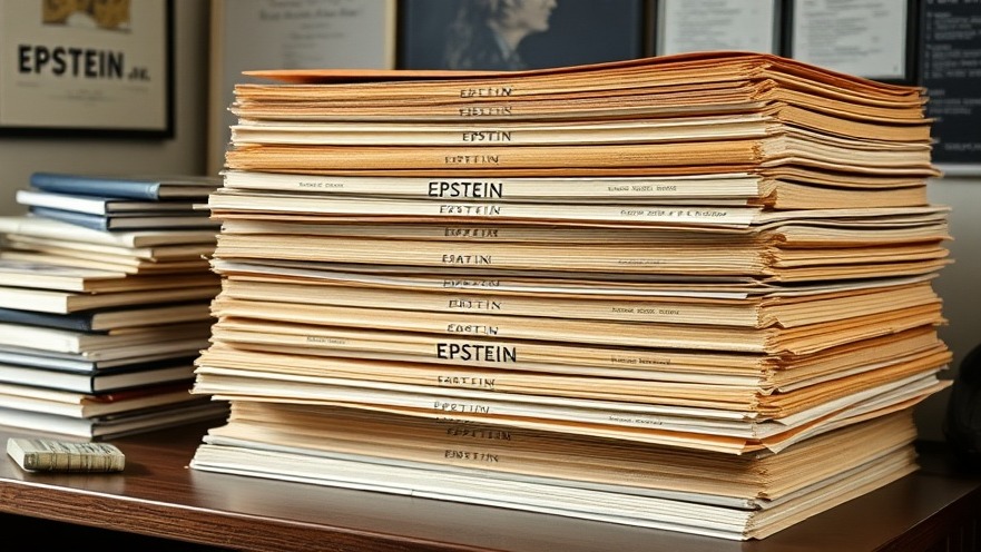 Stack of 'EPSTEIN FILES' on desk highlighting latest breaking news today.
