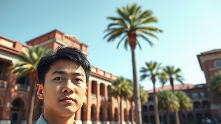 Focused portrait of a serious Chinese individual on USC campus, highlighting systemic exploitation and safety.