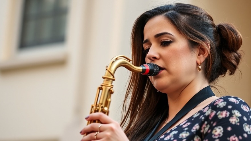 Musician with hearing protection emotionally connecting while playing saxophone.