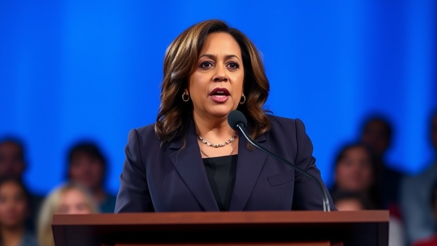 Kamala Harris addressing national political news from podium, dynamic details