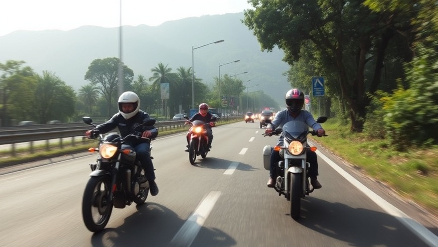 Motorcyclists promoting motorcycle safety and community support on the road.