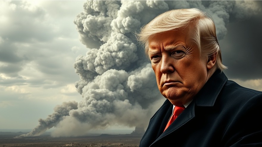 Collage of dense smoke and serious Trump in a war-torn landscape, reflecting current events.