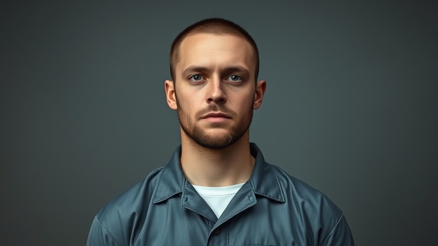 Young white man in prison uniform against gray wall, highlighting austin public safety news.
