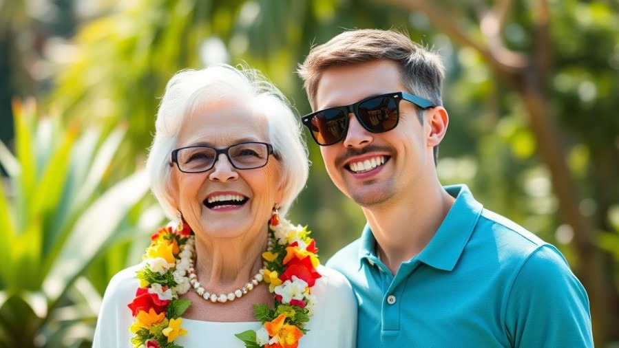 Joyful older woman with floral lei and young man in teal polo, showcasing healthy communication in relationship dynamics.