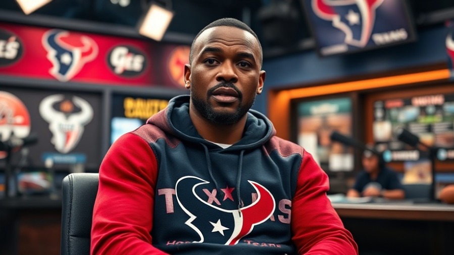 Serious black man in Houston Texans hoodie discusses Texas football analysis in studio.