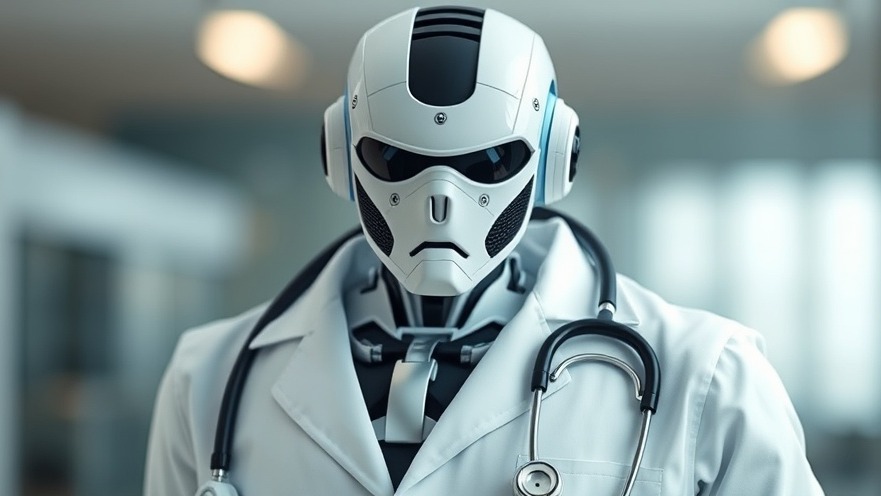 Robot doctor in white coat represents healthcare AI risks in patient care technology.