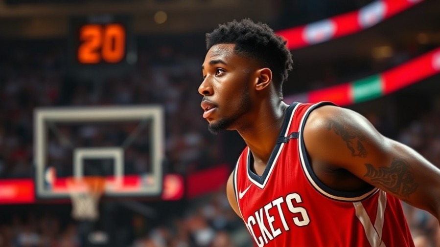 Focused basketball player in red Rockets jersey making plays, showcasing NBA highlights.