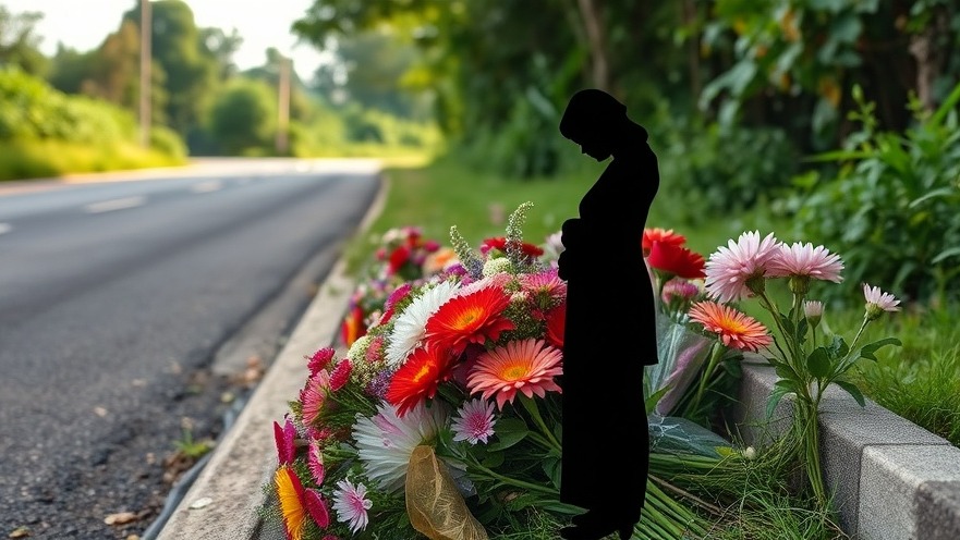 Vivid memorial flowers by the roadside symbolize car safety and community advocacy.