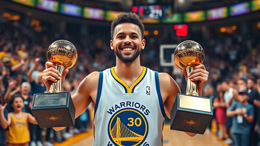 Steph Curry celebrating with trophies on court, embodying modern sports nutrition and athletic training technology.