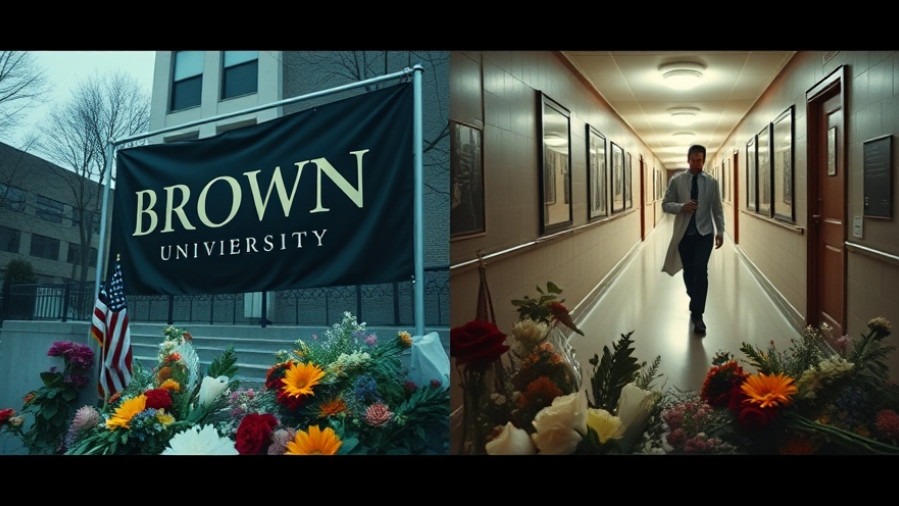 Memorial for mass shooting at Brown University juxtaposed with security footage, highlighting campus safety.