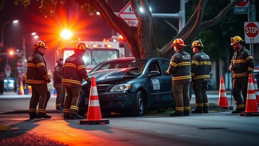 Houston traffic accident scene with firefighters inspecting a damaged car at night.