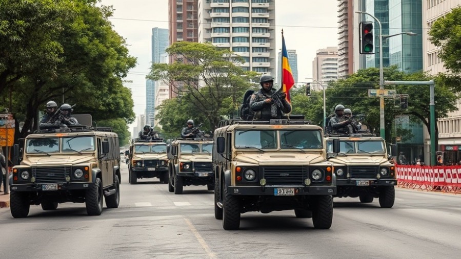 Military vehicles and personnel in Venezuela urban street, reflecting U.S. foreign policy outlook.