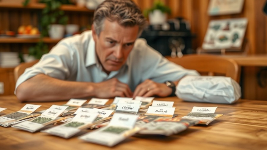 Concerned man examining small seed packets, highlighting Texas agriculture risks.